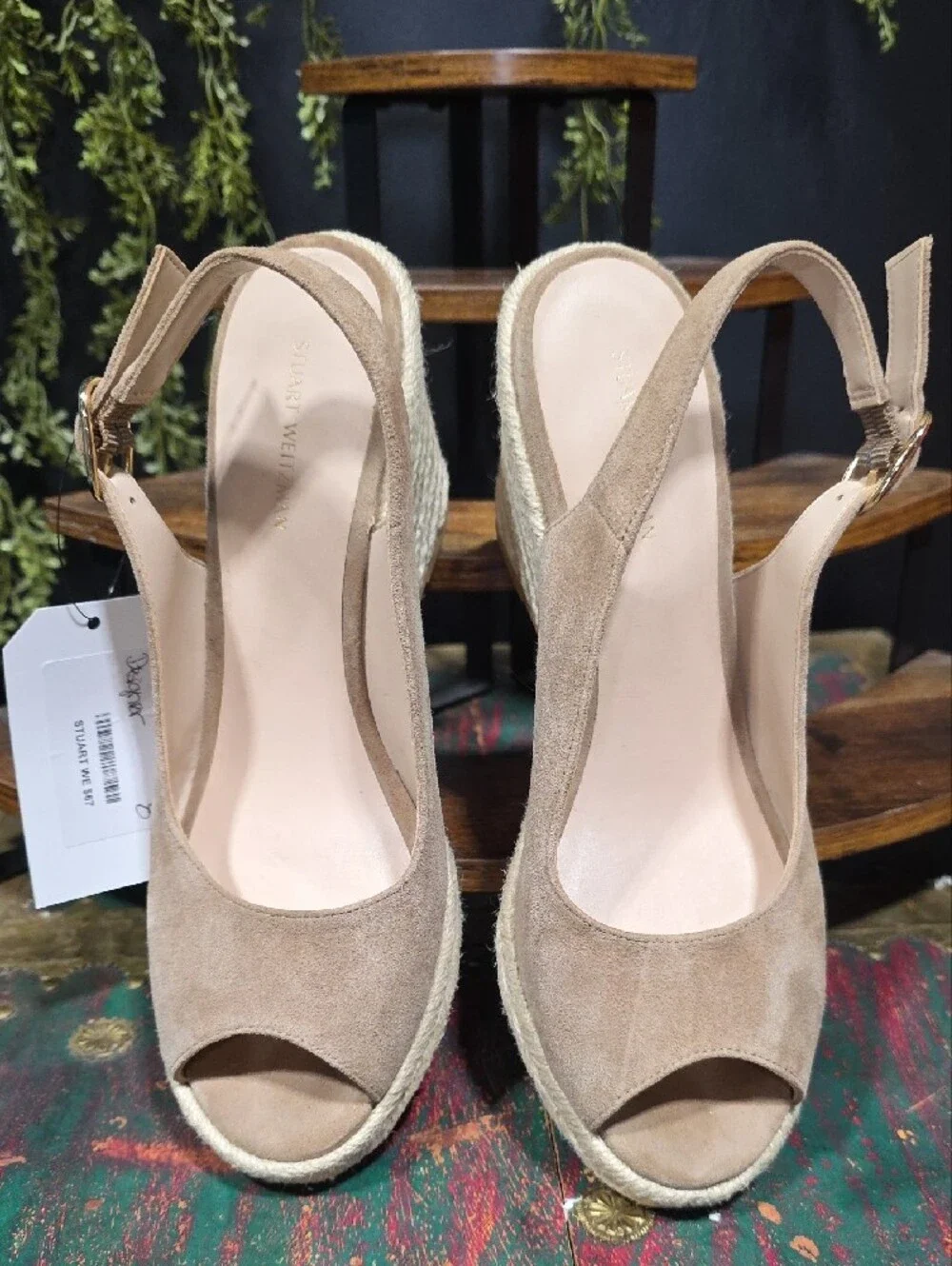 Stuart Weitzman Taupe Suede Espadrille Wedge Slingbacks